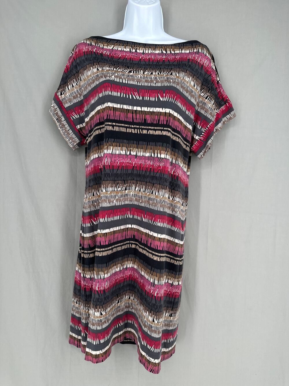 Trina Turk Dress Womens Medium Pink Striped Silk Mini Boatneck Shift Casual
